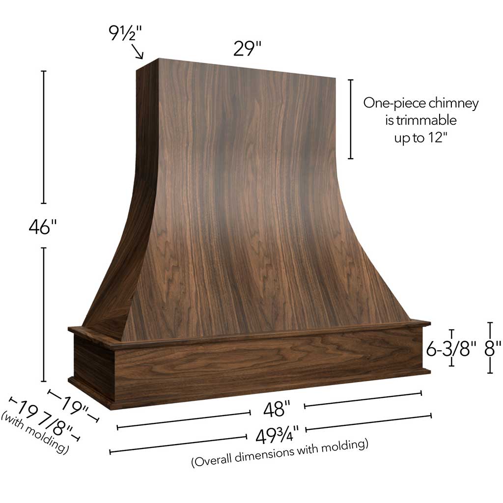 RHCA48 WALNUT ( CURVED ARTISAN HOOD WALNUT - 48"W X 46"H X 19-7/8"D )