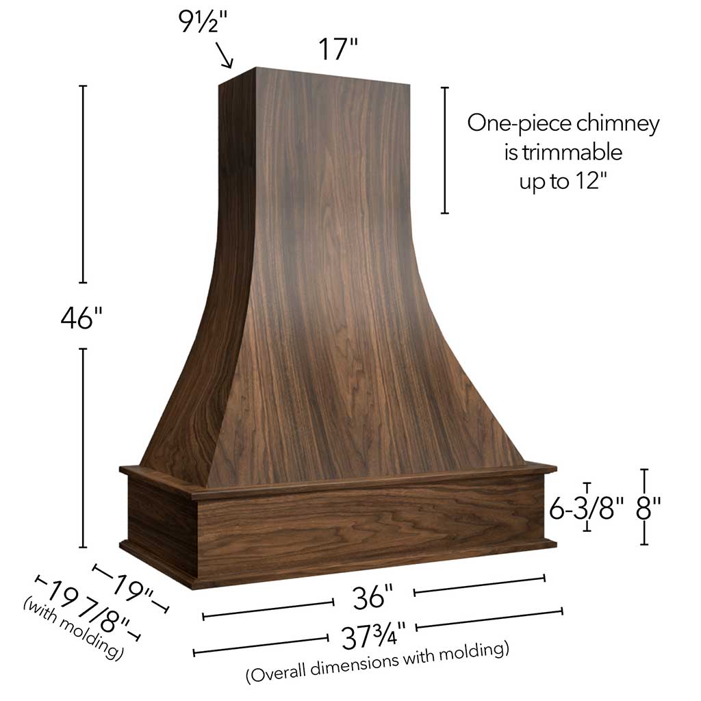 RHCA36 WALNUT ( CURVED ARTISAN HOOD WALNUT - 36"W X 46"H X 19-7/8"D )